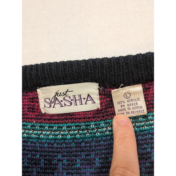 vintage just sasha black multicolored cardigan sweater size L - Picture 3 of 6